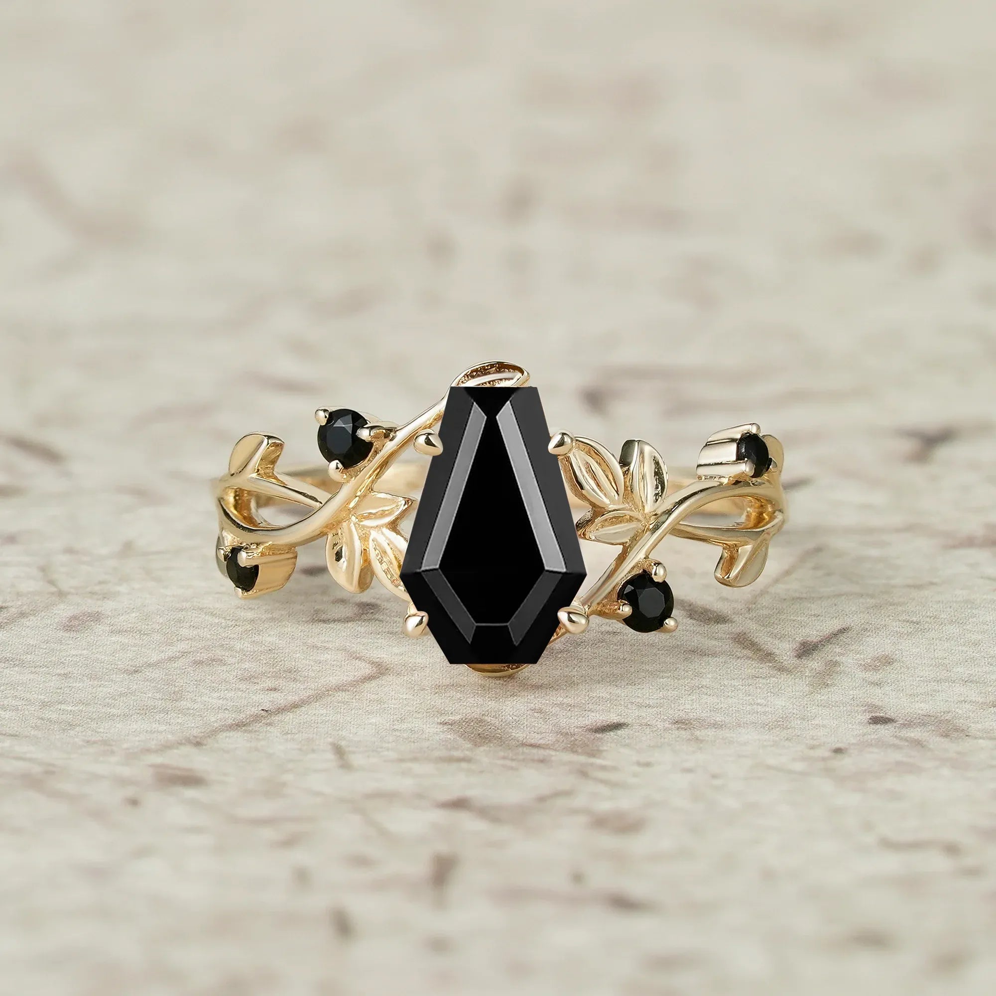 6x9mm Coffin Shaped Black Onyx Leaf Ring - Grace - GemsMagic