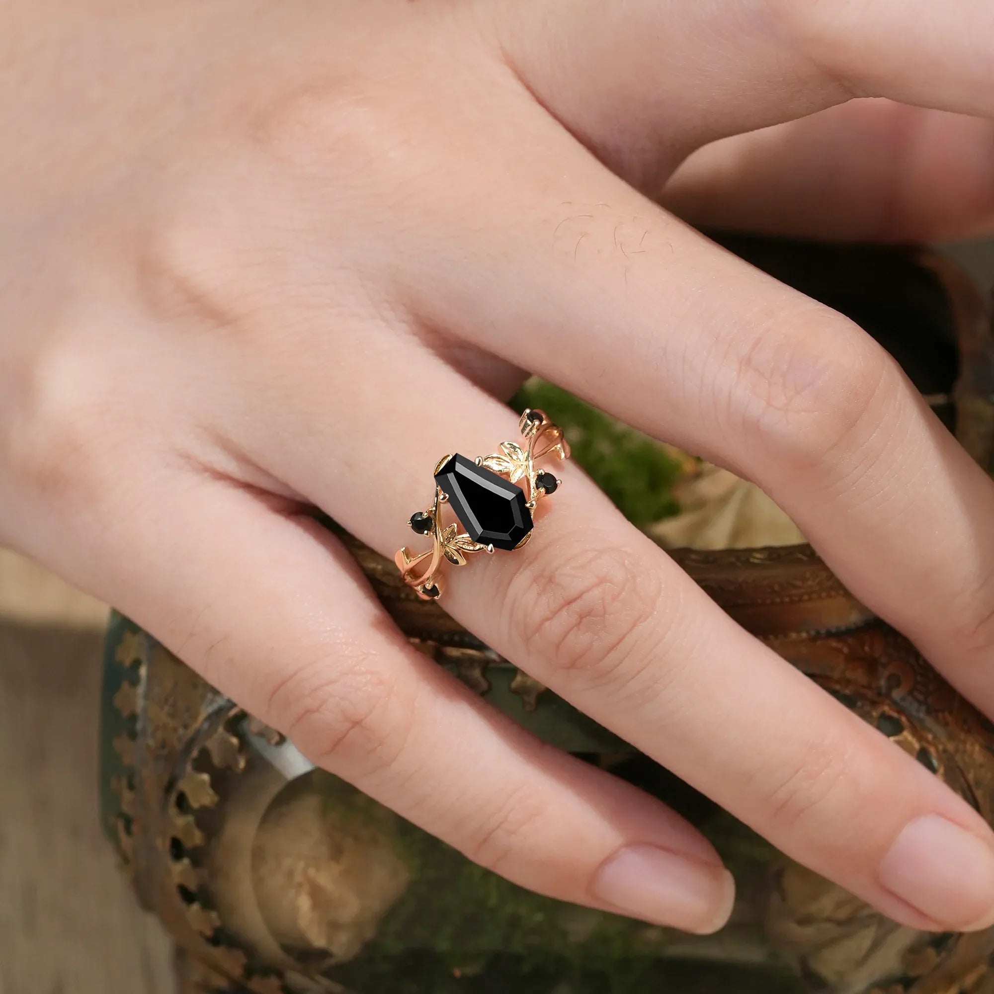 6x9mm Coffin Shaped Black Onyx Leaf Ring - Grace - GemsMagic