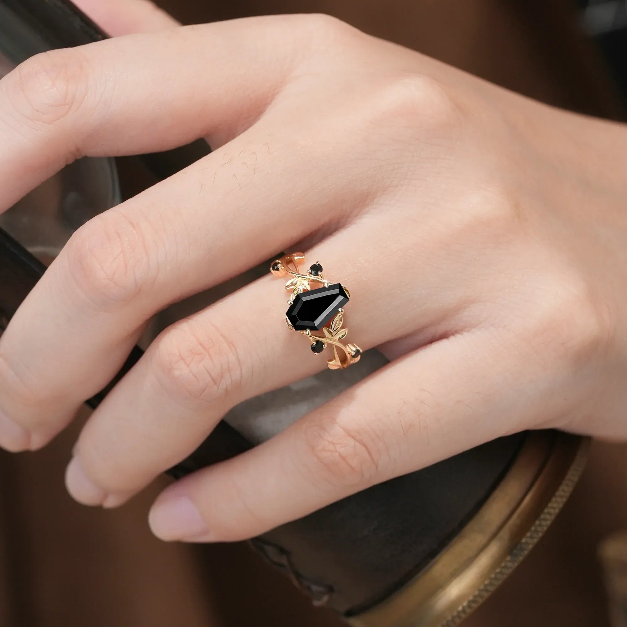 6x9mm Coffin Shaped Black Onyx Leaf Ring - Grace - GemsMagic