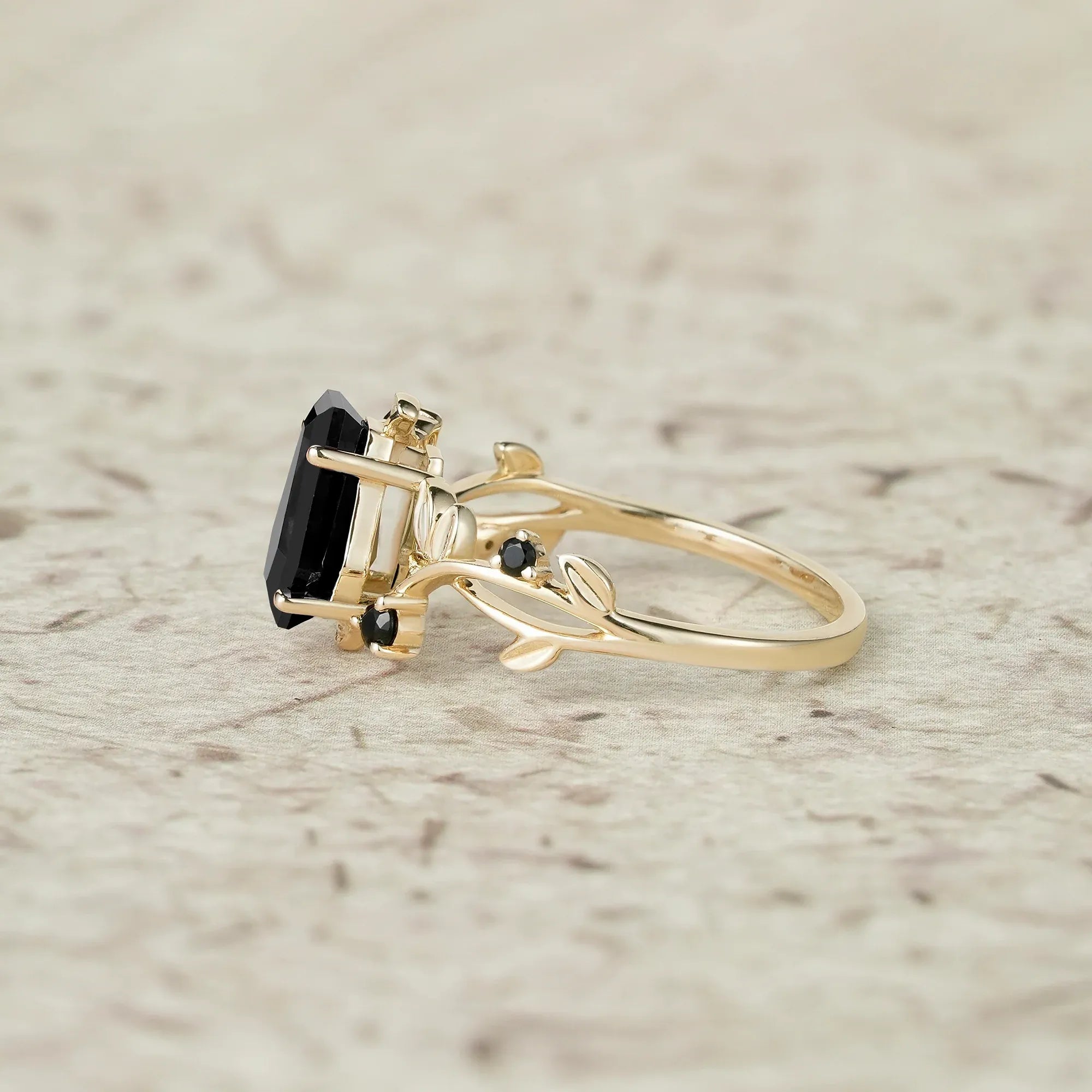 6x9mm Coffin Shaped Black Onyx Leaf Ring - Grace - GemsMagic