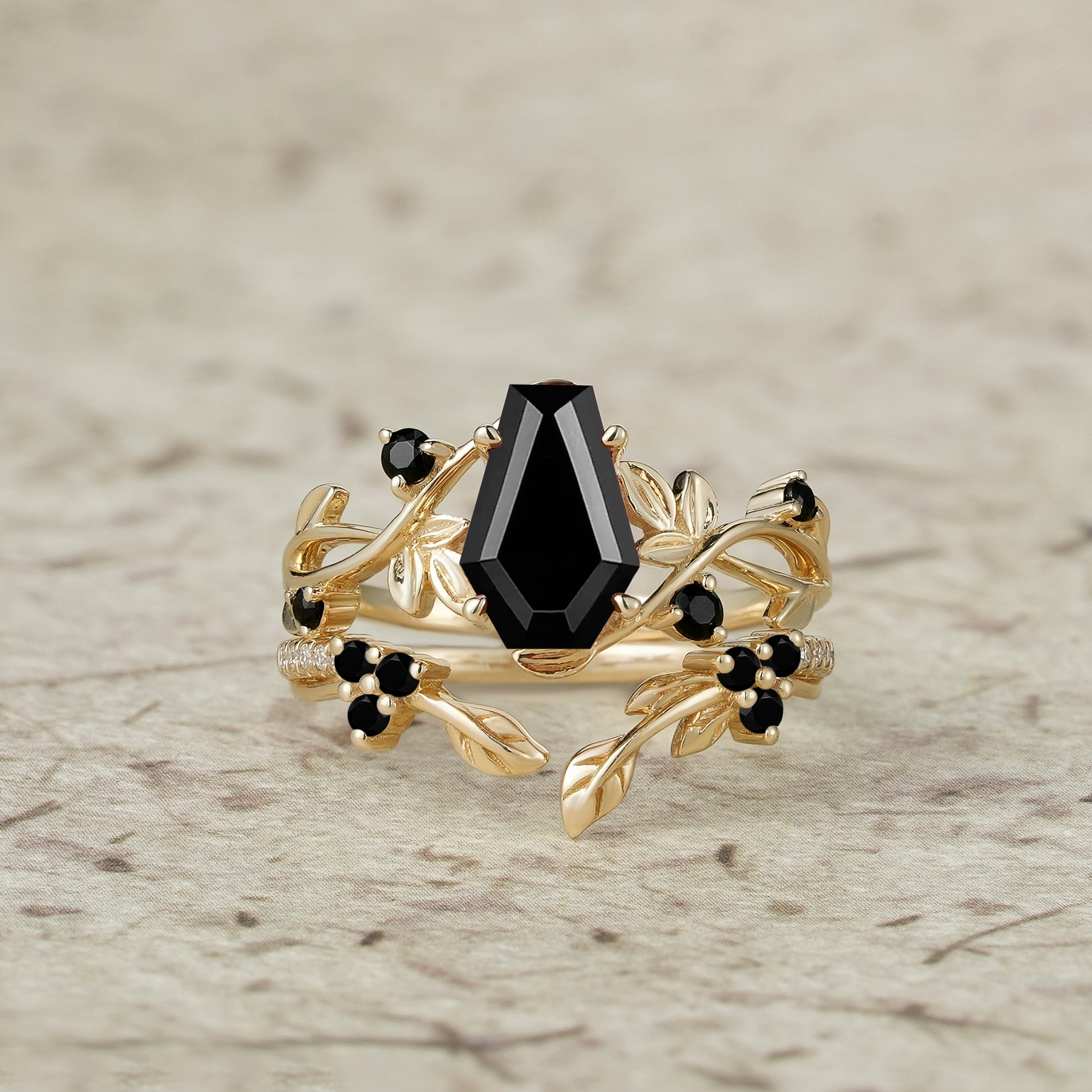 6x9mm Coffin Shaped Black Onyx Leaf Ring Set - Grace - GemsMagic