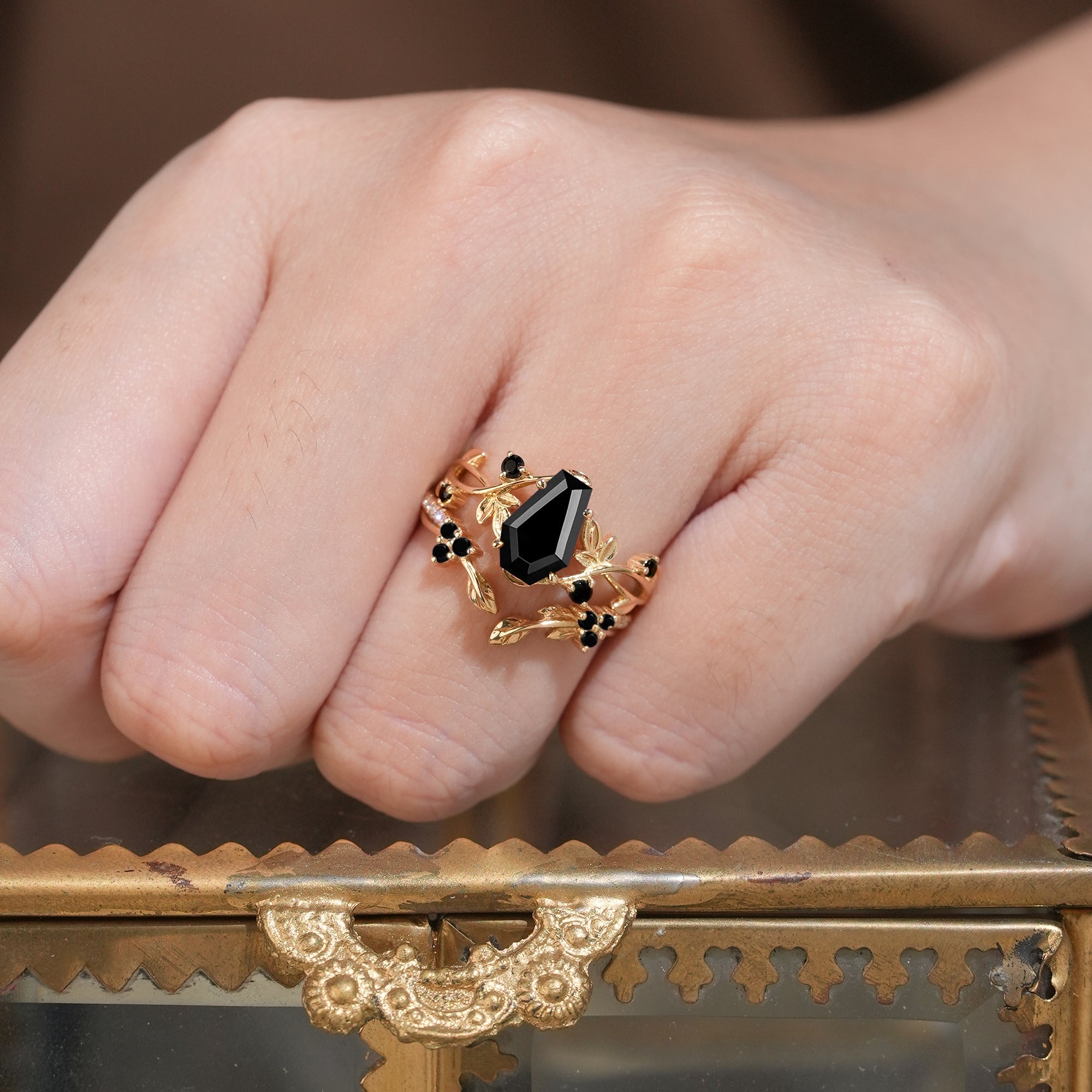 6x9mm Coffin Shaped Black Onyx Leaf Ring Set - Grace - GemsMagic