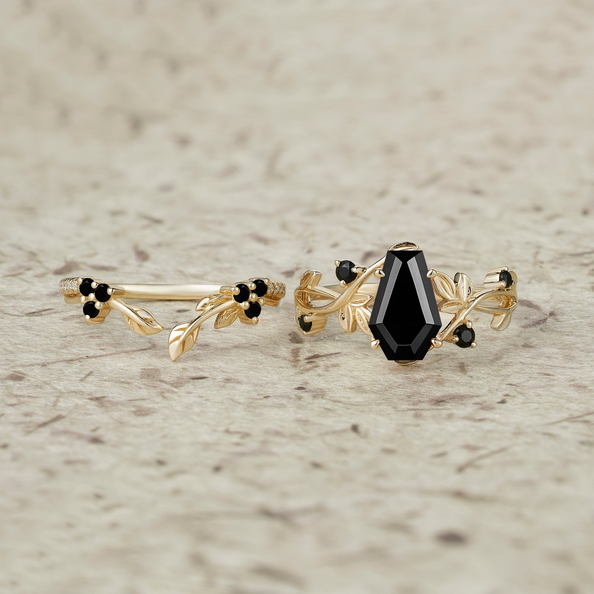 6x9mm Coffin Shaped Black Onyx Leaf Ring Set - Grace - GemsMagic