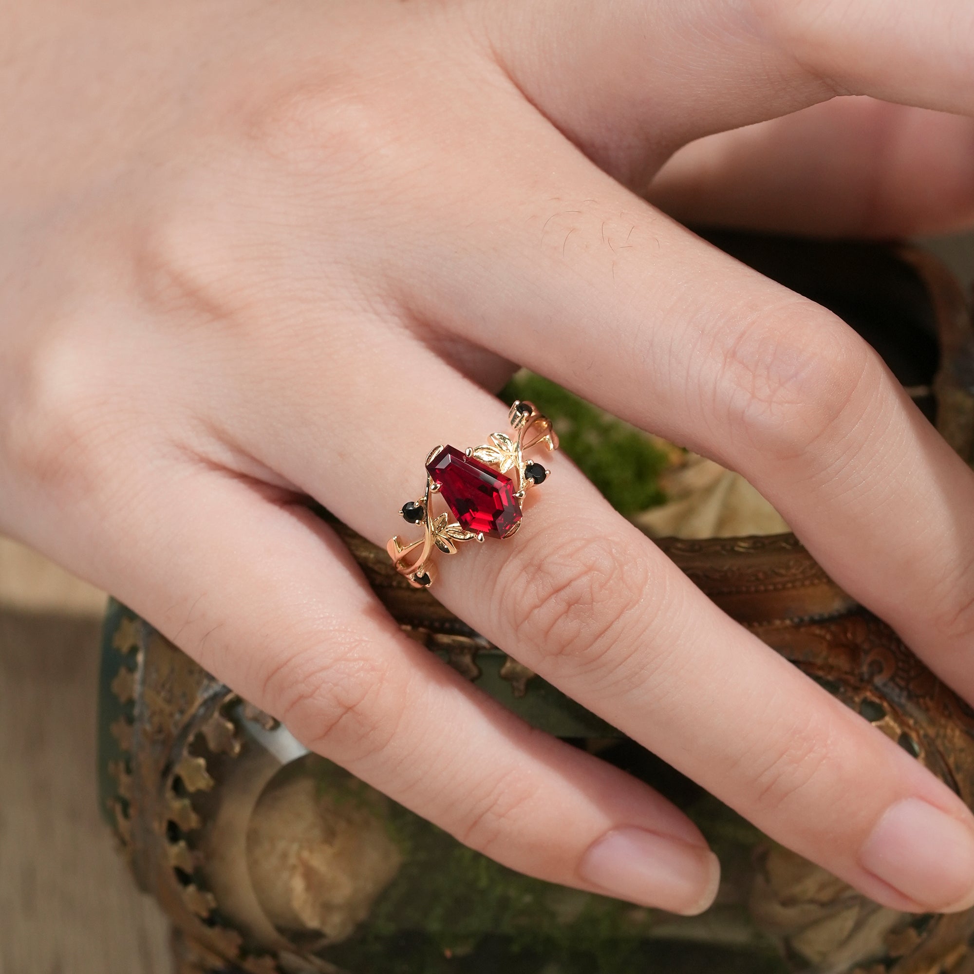 6x9mm Coffin Shaped Ruby Leaf Ring - Grace - GemsMagic