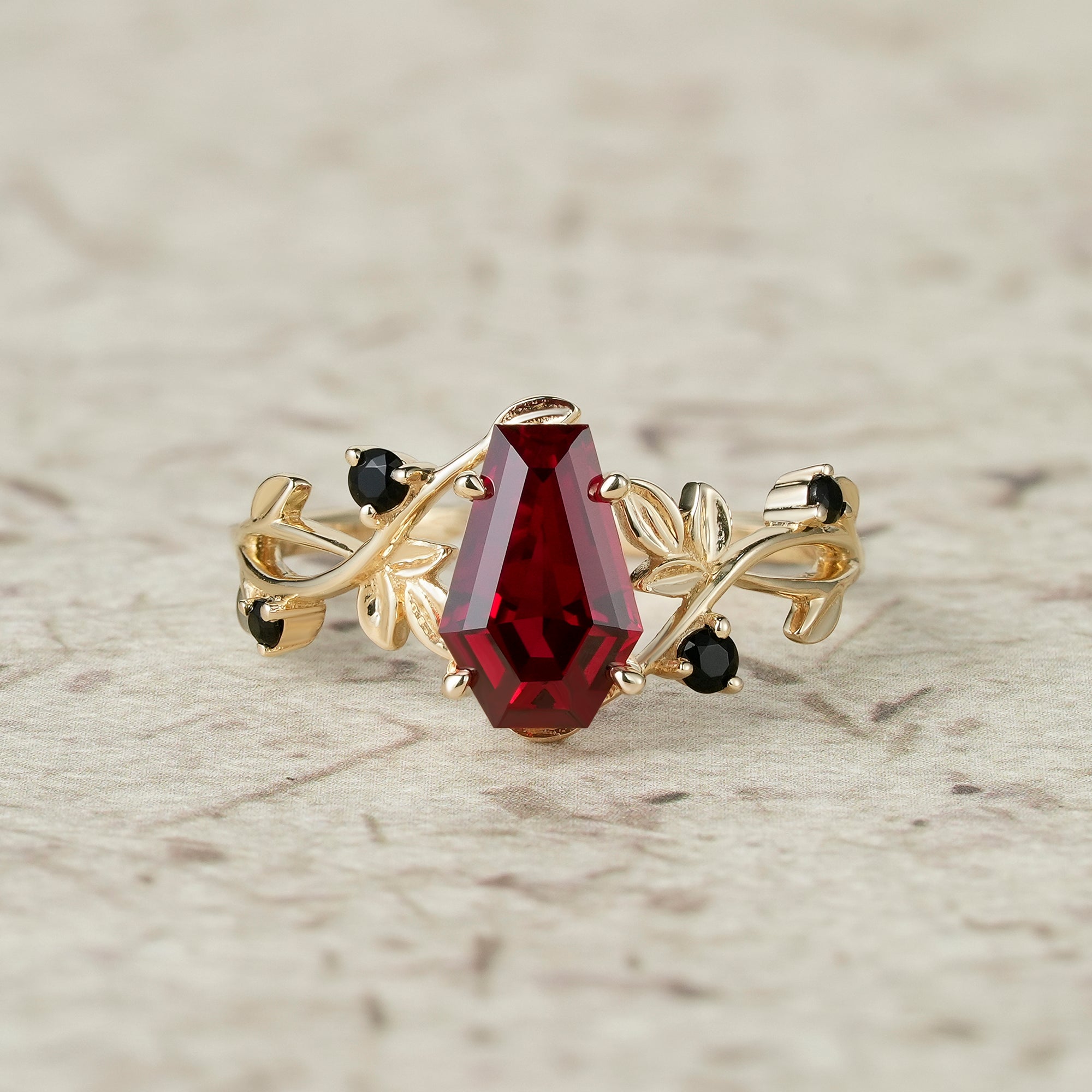6x9mm Coffin Shaped Ruby Leaf Ring - Grace - GemsMagic
