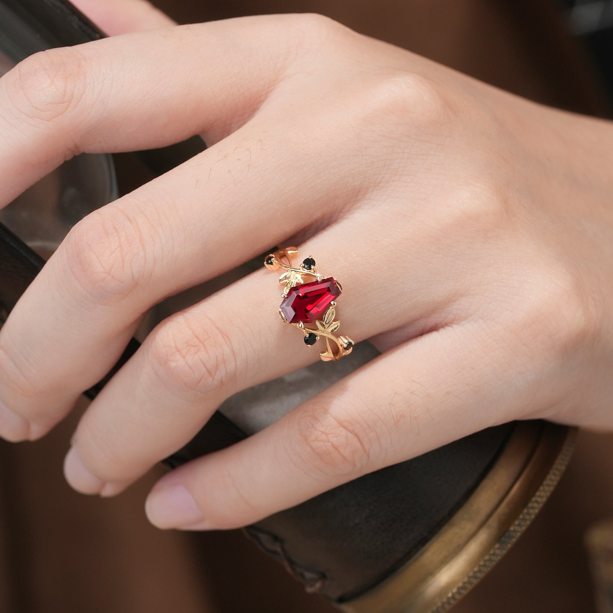 6x9mm Coffin Shaped Ruby Leaf Ring - Grace - GemsMagic