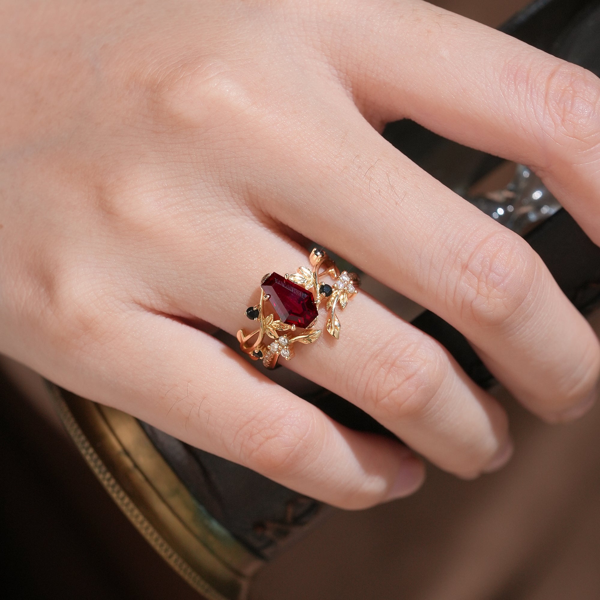 6x9mm Coffin Shaped Ruby Leaf Ring Set - Grace - GemsMagic