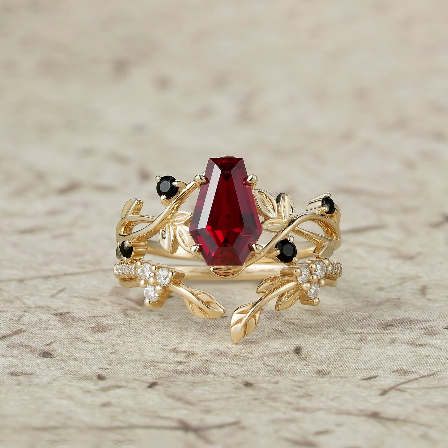 6x9mm Coffin Shaped Ruby Leaf Ring Set - Grace - GemsMagic
