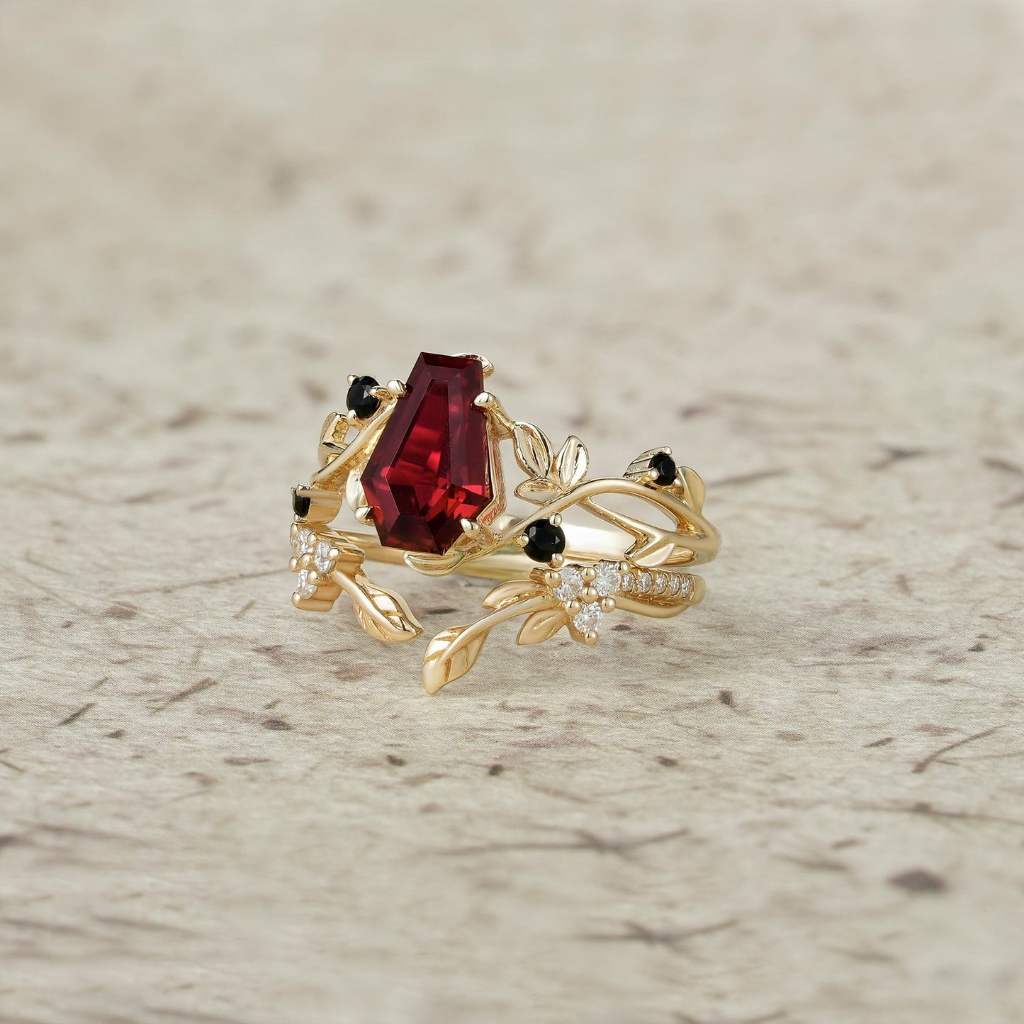 6x9mm Coffin Shaped Ruby Leaf Ring Set - Grace - GemsMagic