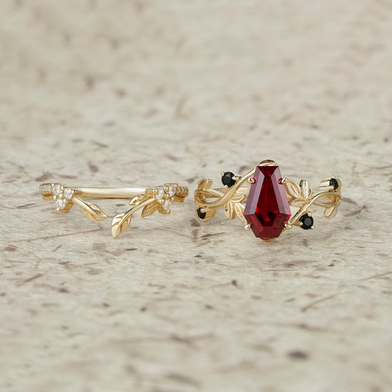 6x9mm Coffin Shaped Ruby Leaf Ring Set - Grace - GemsMagic