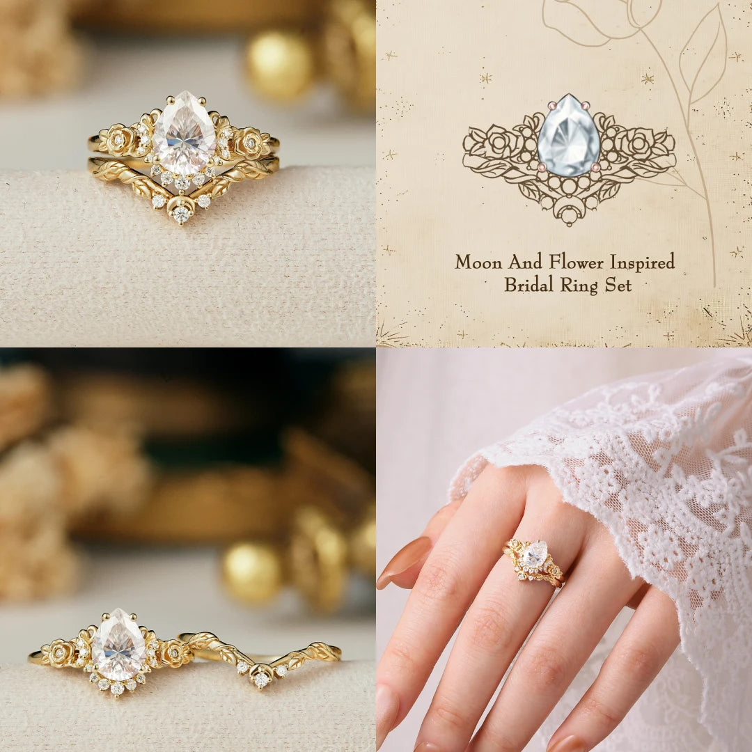 Pear-Shaped Moissanite Moon Inspired Ring Rose Blossom Engagement Ring