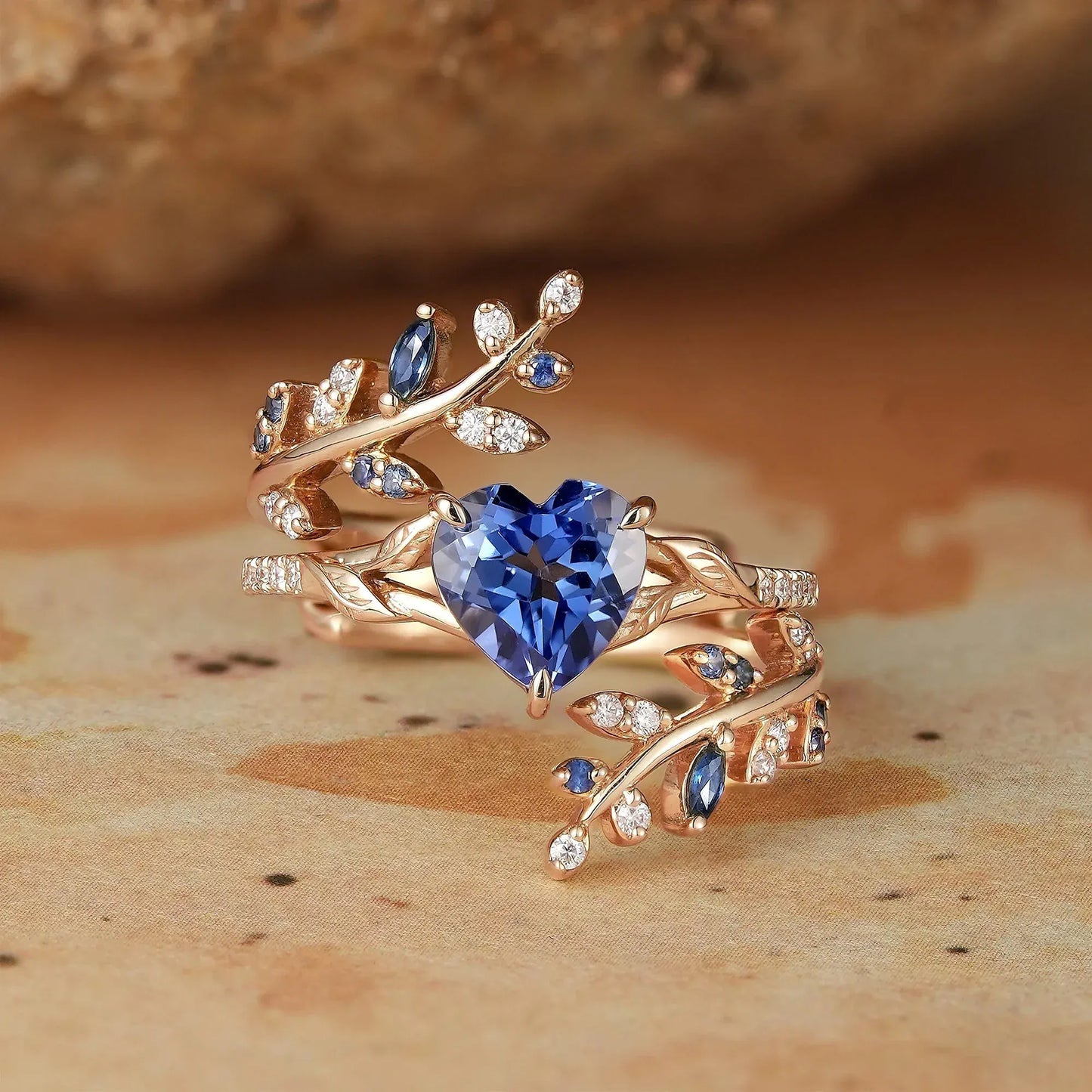 Heart Shaped Sapphire Engagement Ring Set