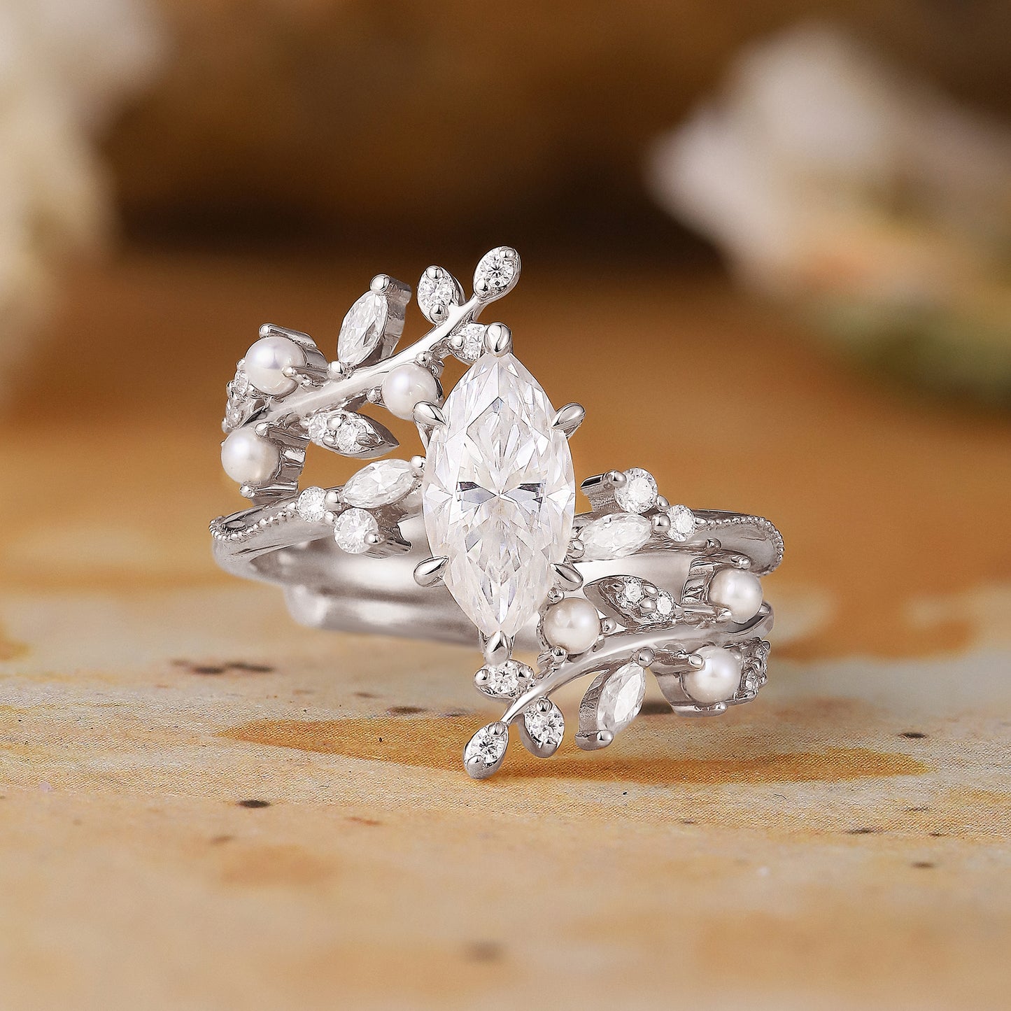 Vintage Milgrain Marquise Moissanite Enhancer Ring Set - Lorelei