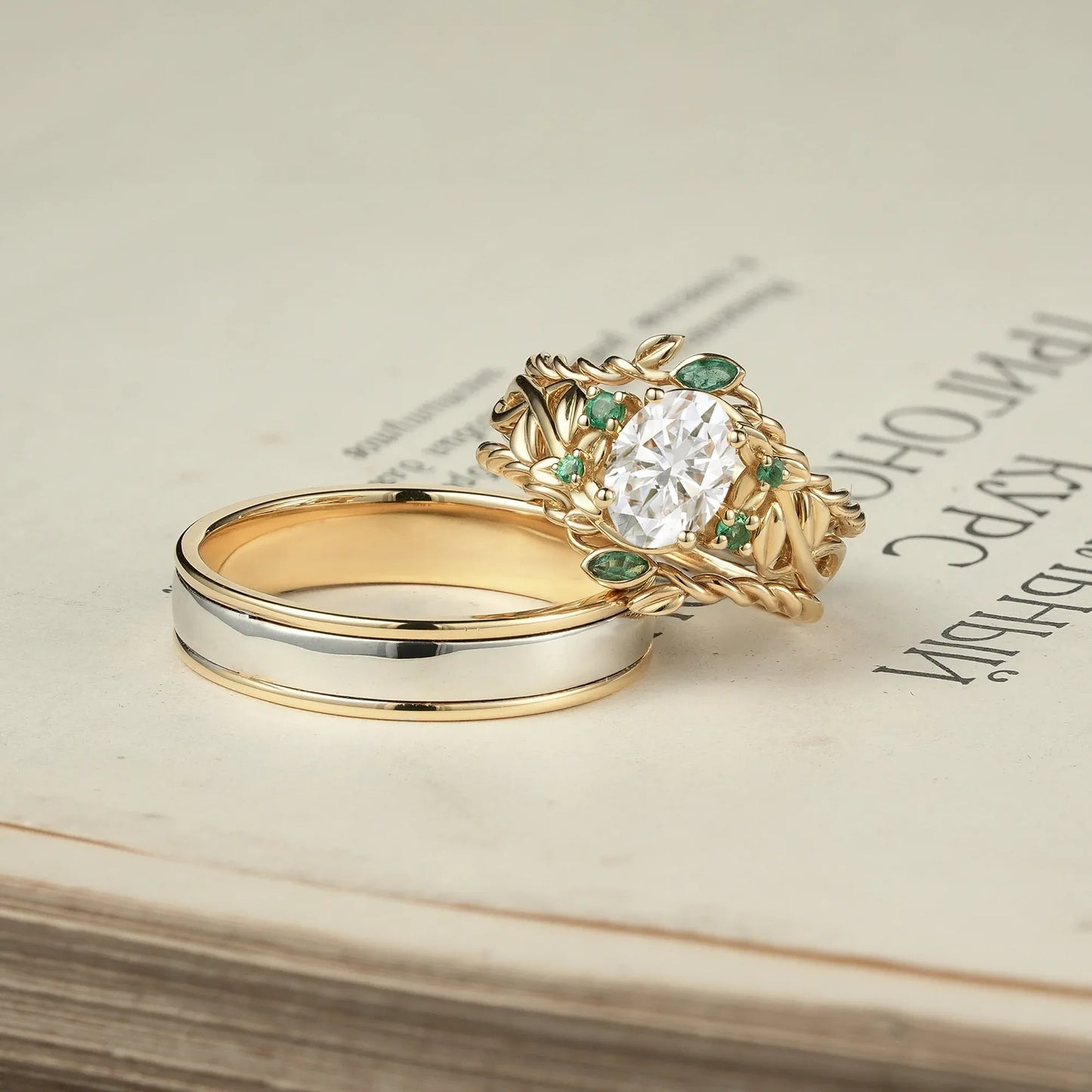 Moissanite and Emerald Couple’s Wedding Ring Set