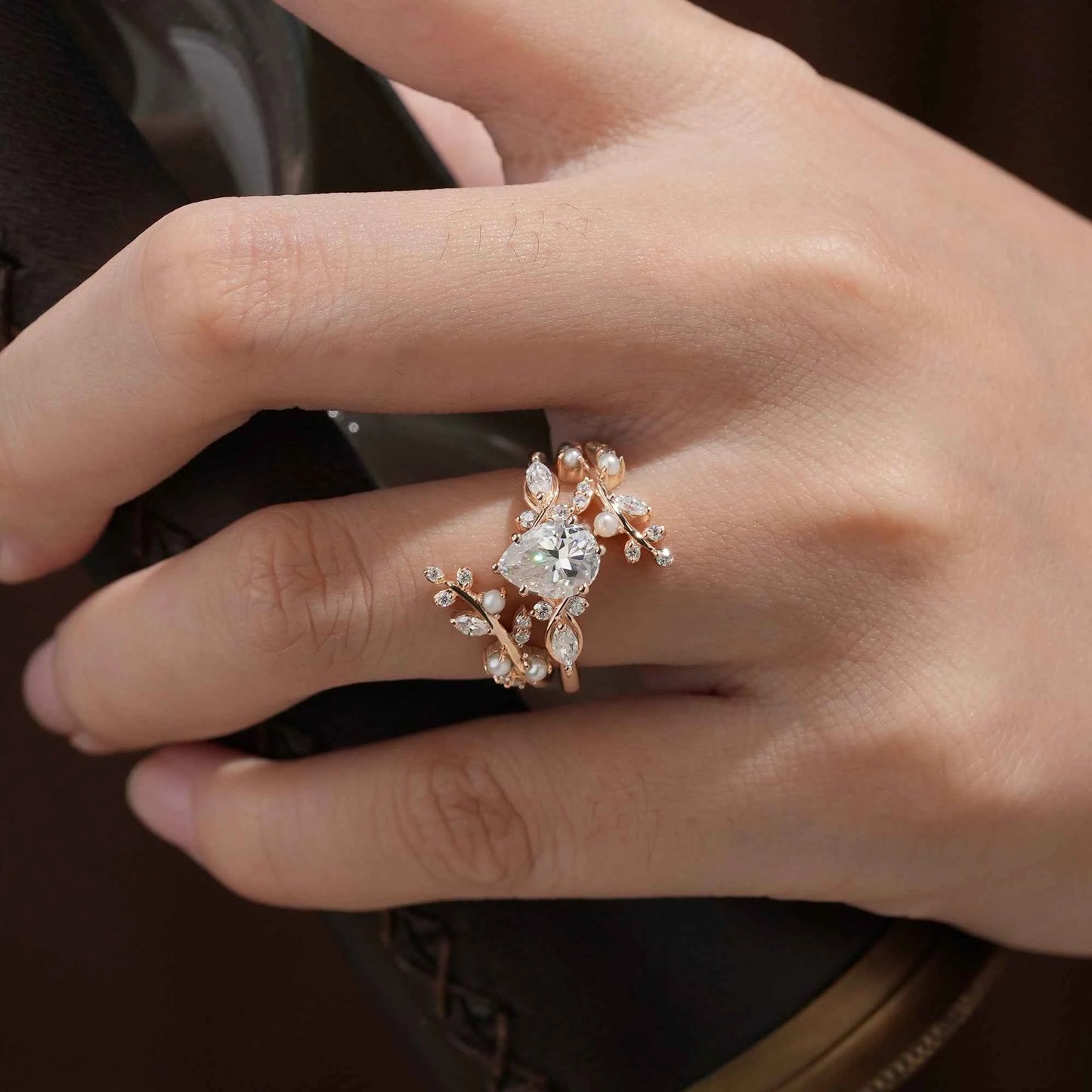 Moissanite & Pearl Engagement Ring Set