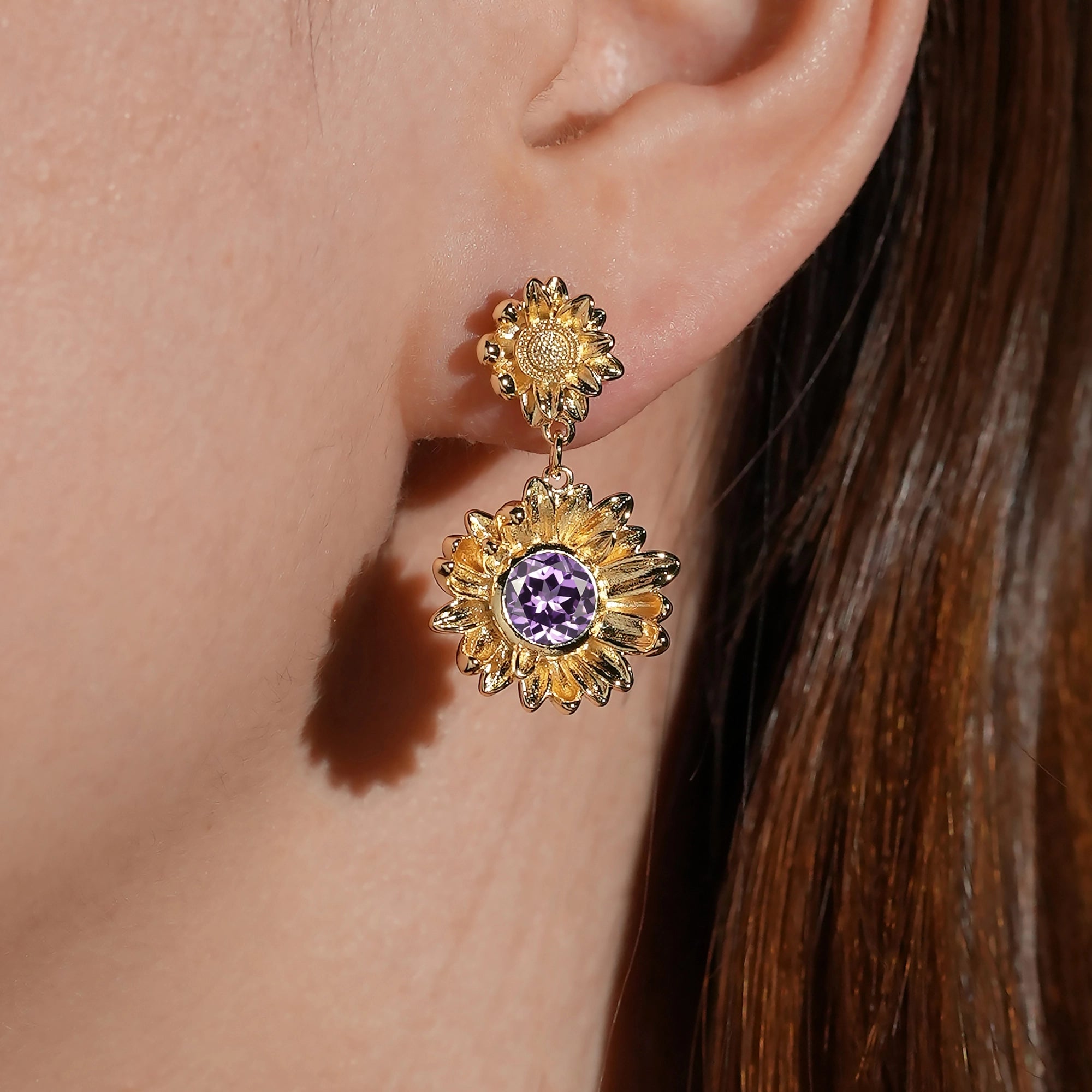 Round Cut Amethyst Earrings Sunflower Inspired Gift For Her - Ruth