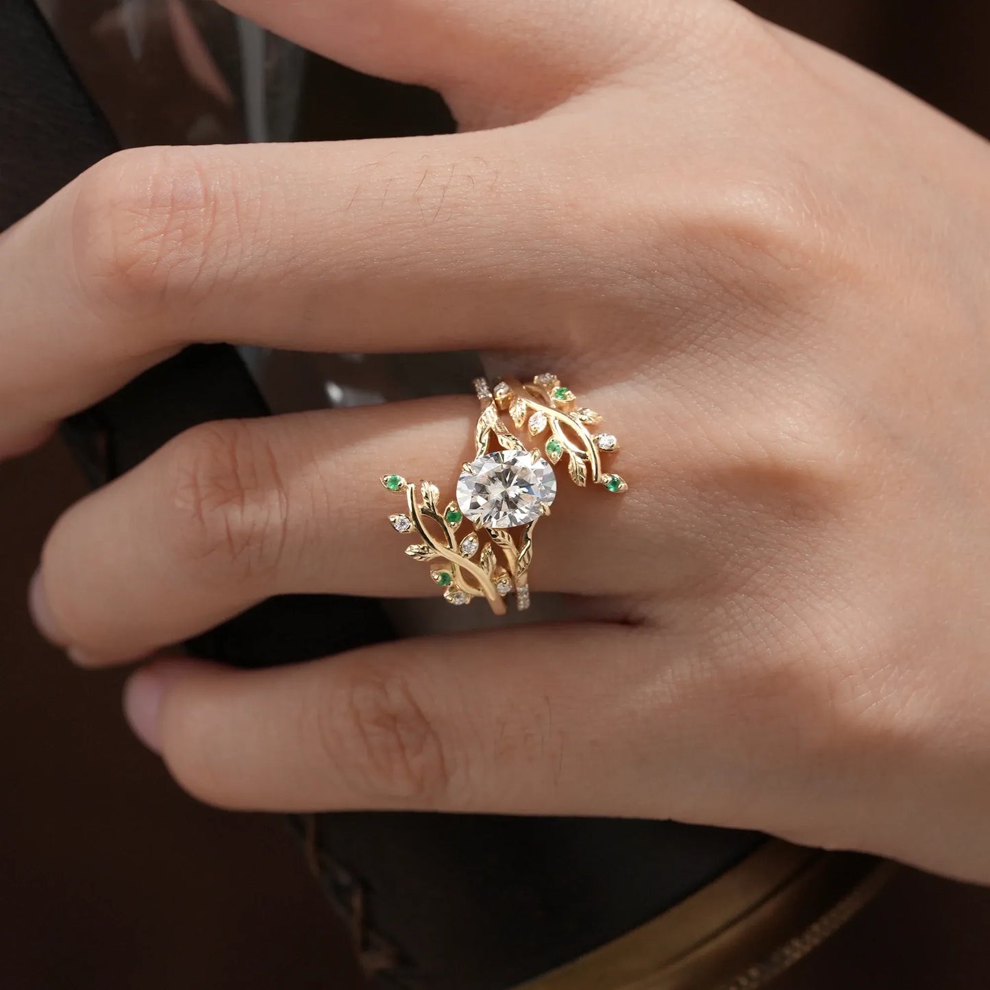 Cross Vine Moissanite and Emerald Ring Set