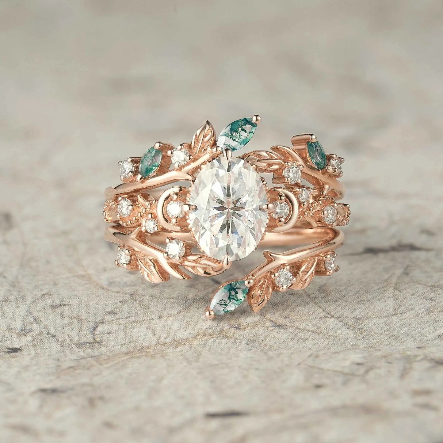 Moissanite & Moss Agate Ring Set 2pcs - Paisley