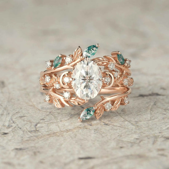 Moissanite & Moss Agate Ring Set 2pcs - Paisley