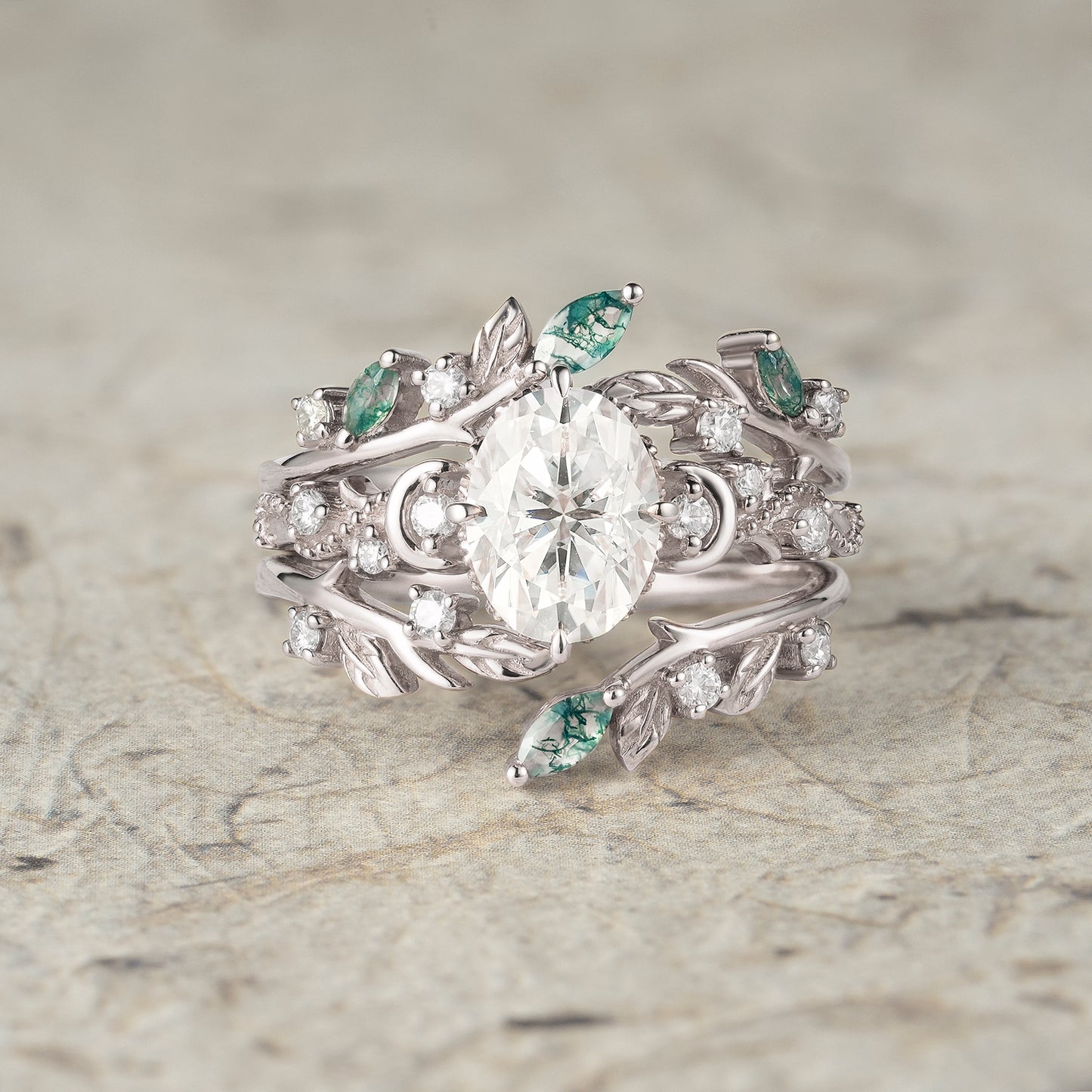 Moissanite & Moss Agate Ring Set 2pcs - Paisley