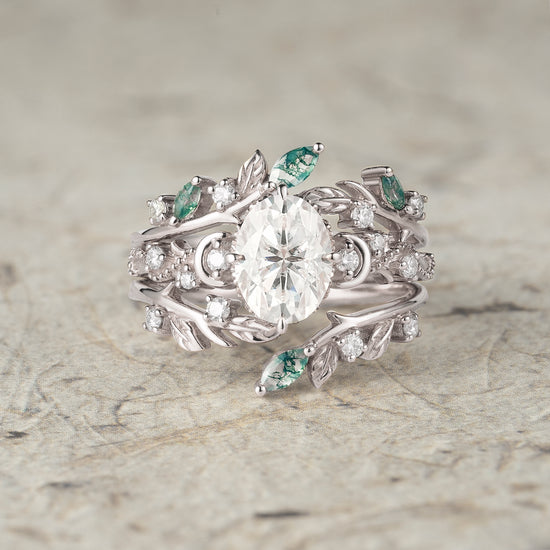 Moissanite & Moss Agate Ring Set 2pcs - Paisley