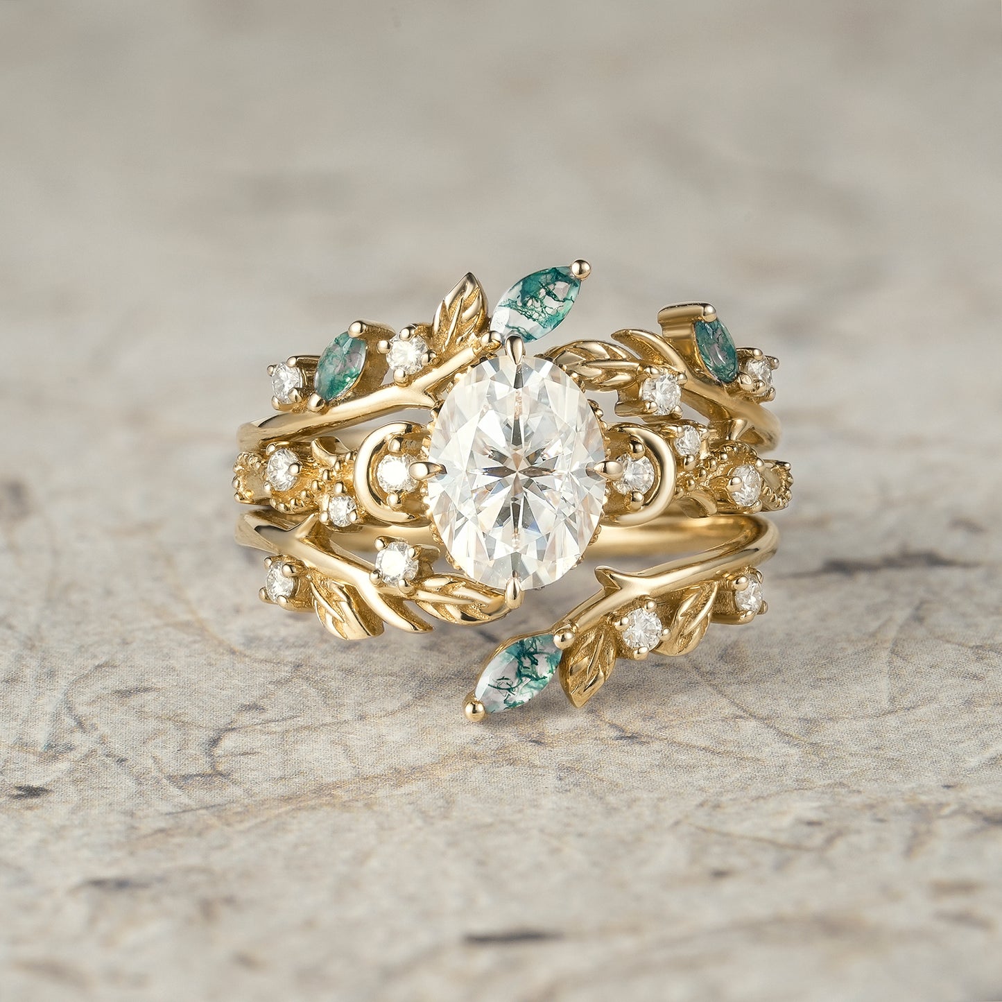 Moissanite & Moss Agate Ring Set 2pcs - Paisley
