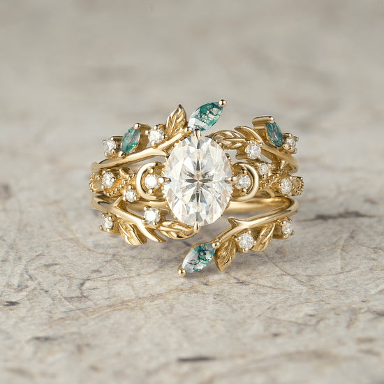 Moissanite & Moss Agate Ring Set 2pcs - Paisley