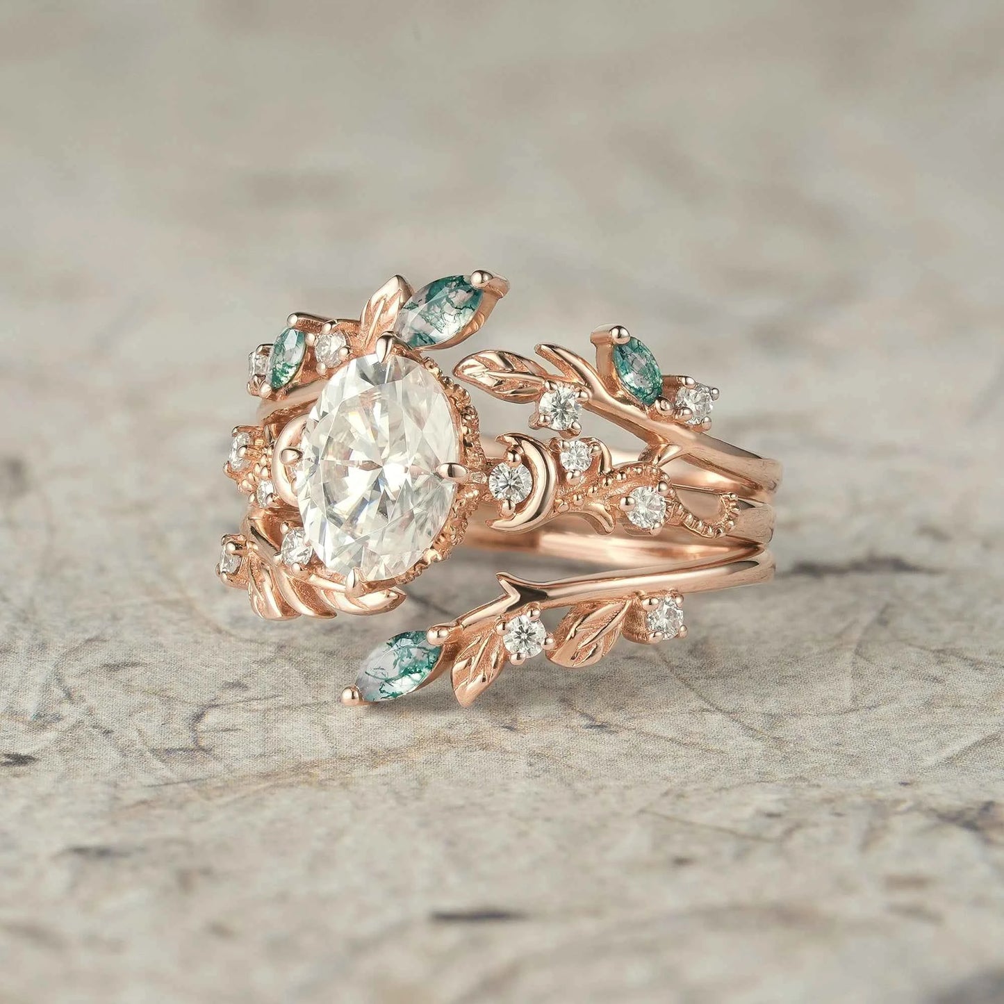 Moissanite & Moss Agate Ring Set 2pcs - Paisley