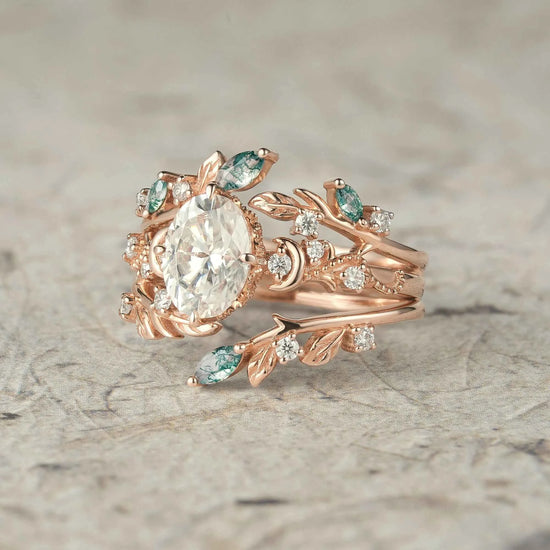 Moissanite & Moss Agate Ring Set 2pcs - Paisley