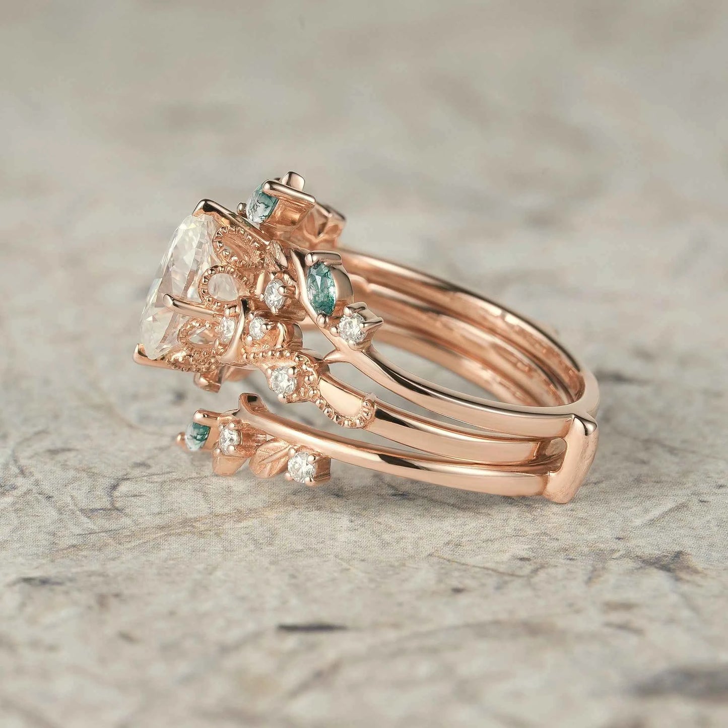 Moissanite & Moss Agate Ring Set 2pcs - Paisley