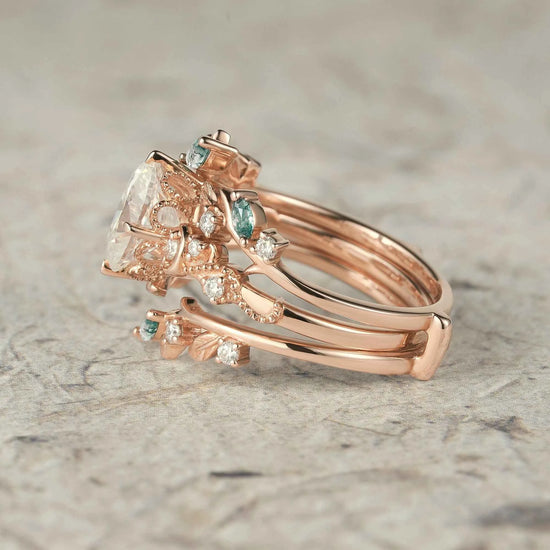 Moissanite & Moss Agate Ring Set 2pcs - Paisley
