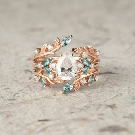 Moissanite & Moss Agate Ring Set 2pcs