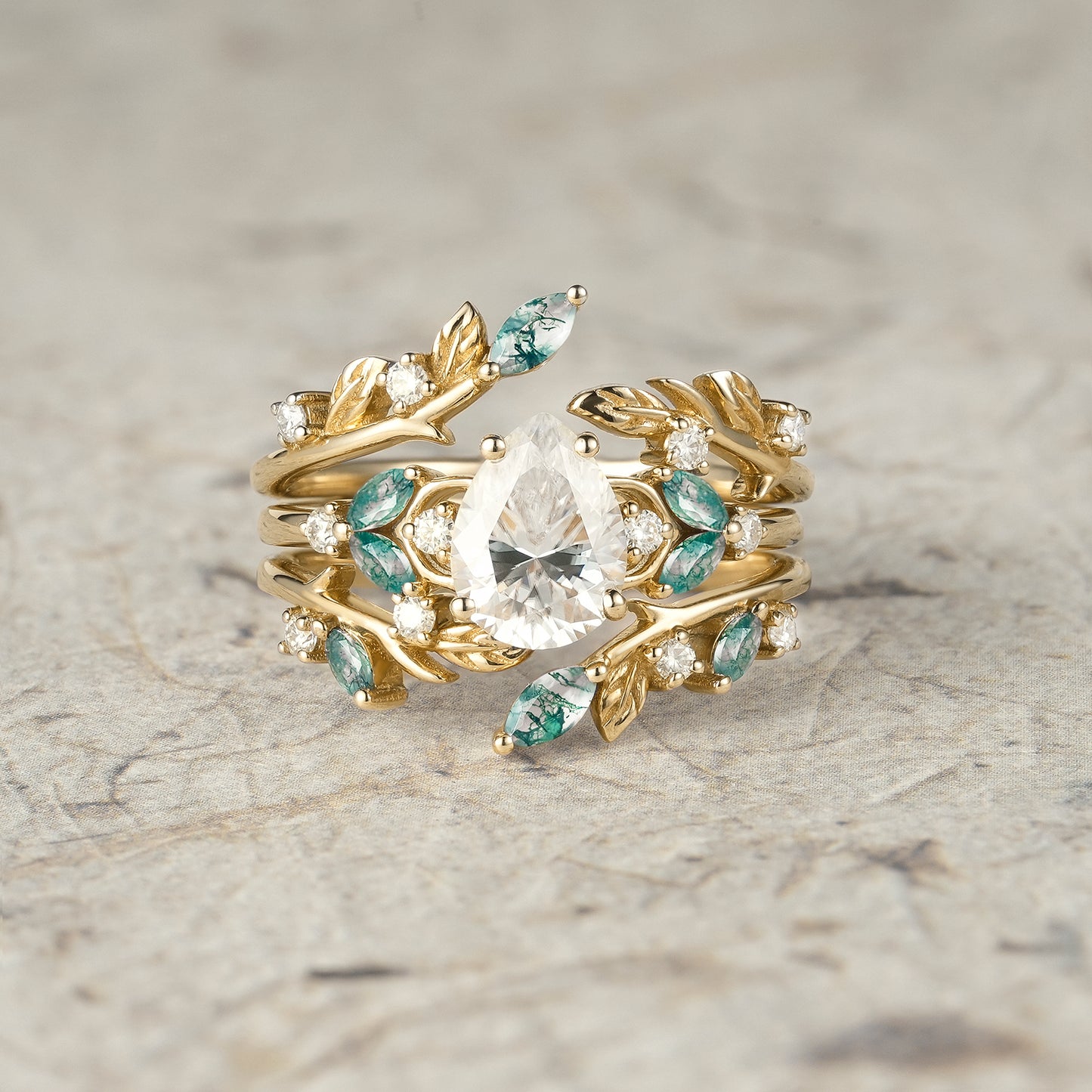 Nesting Design Moissanite & Moss Agate Ring Set 2pcs-Vespera