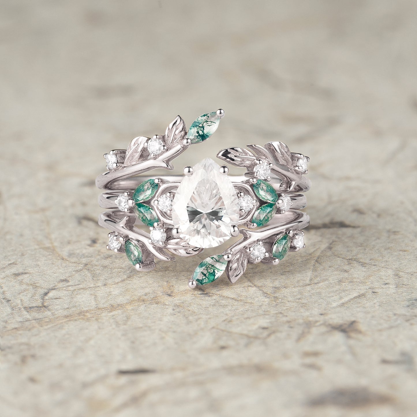 Nesting Design Moissanite & Moss Agate Ring Set 2pcs-Vespera