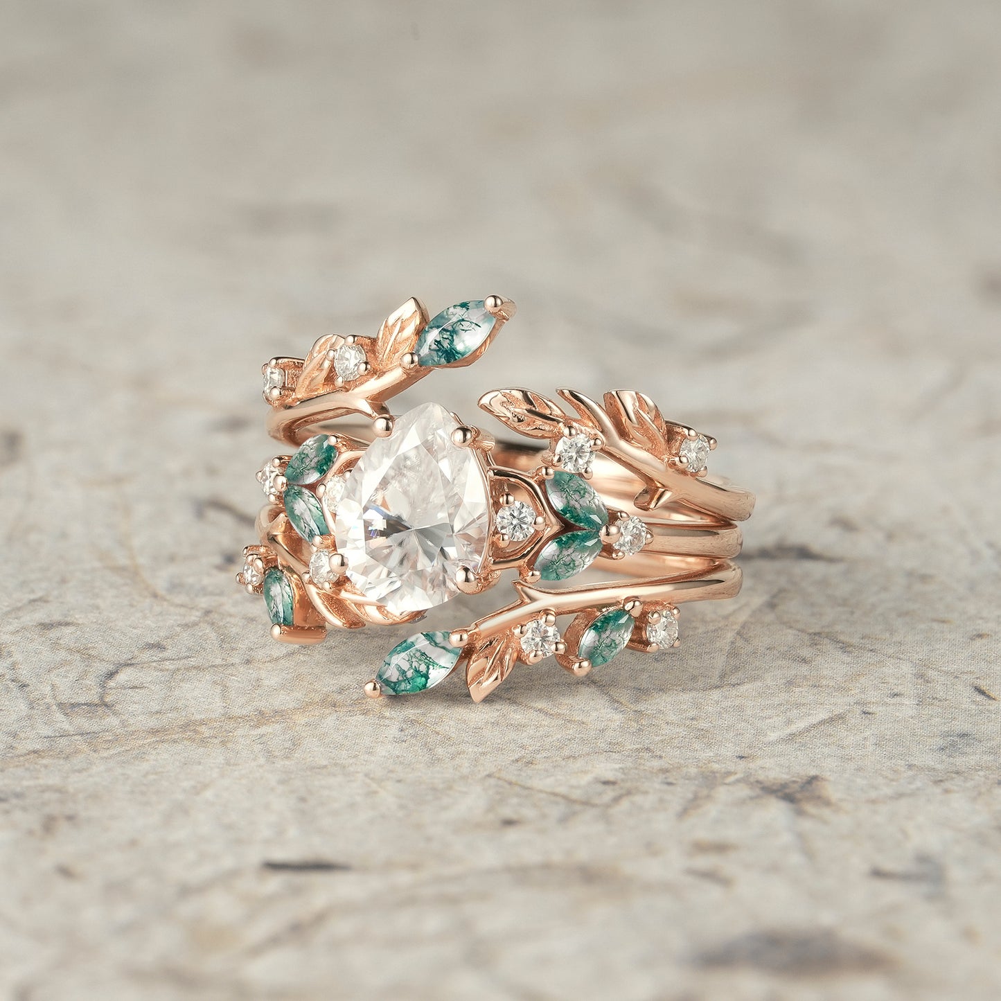 Moissanite & Moss Agate Ring Set 2pcs
