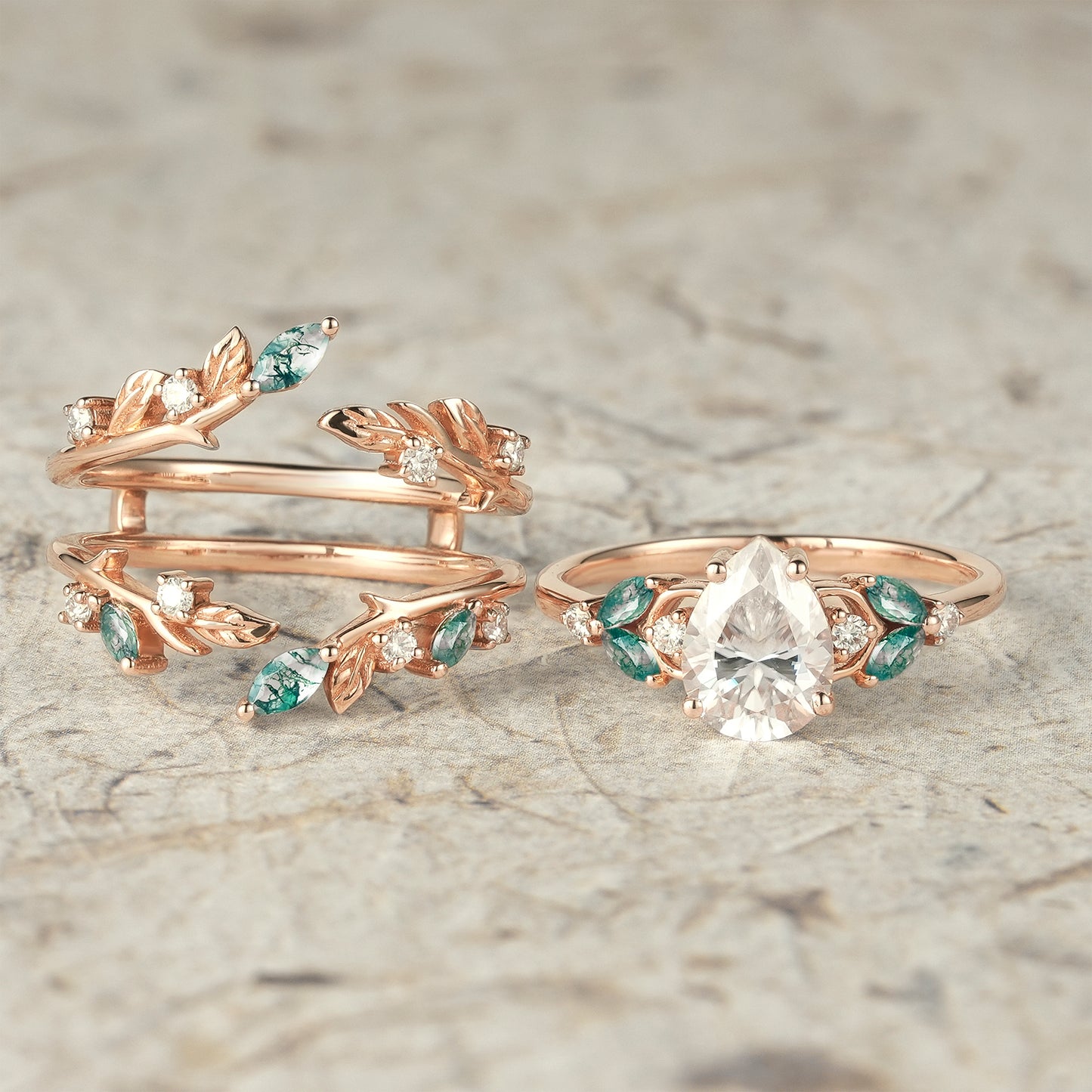 Moissanite & Moss Agate Ring Set 2pcs