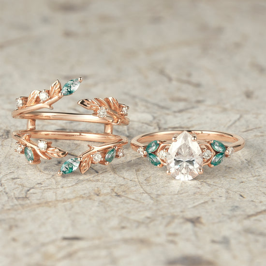 Moissanite & Moss Agate Ring Set 2pcs