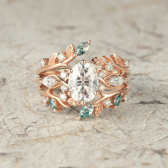 Oval Moissanite & Moss Agate Engagement Ring Set