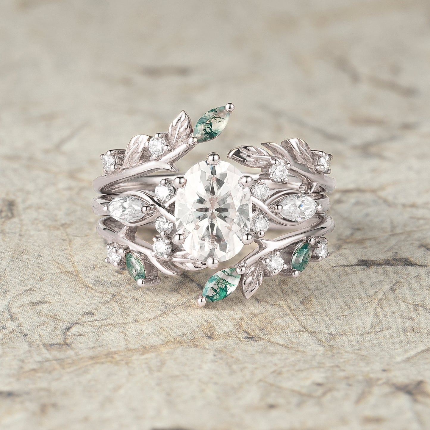 Leafy Oval Moissanite & Moss Agate Engagement Ring Set-Rowena