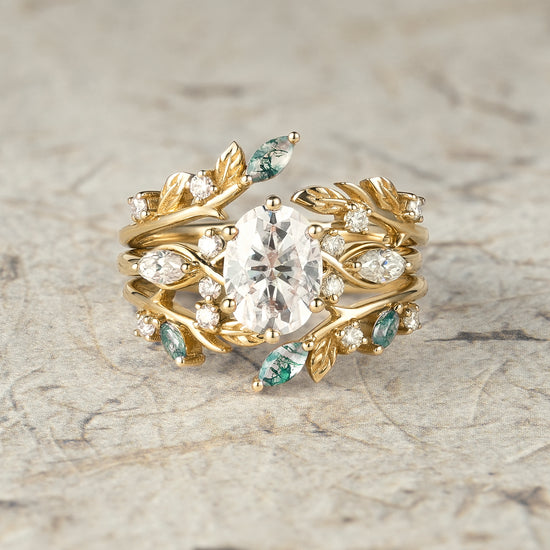 Leafy Oval Moissanite & Moss Agate Engagement Ring Set-Rowena