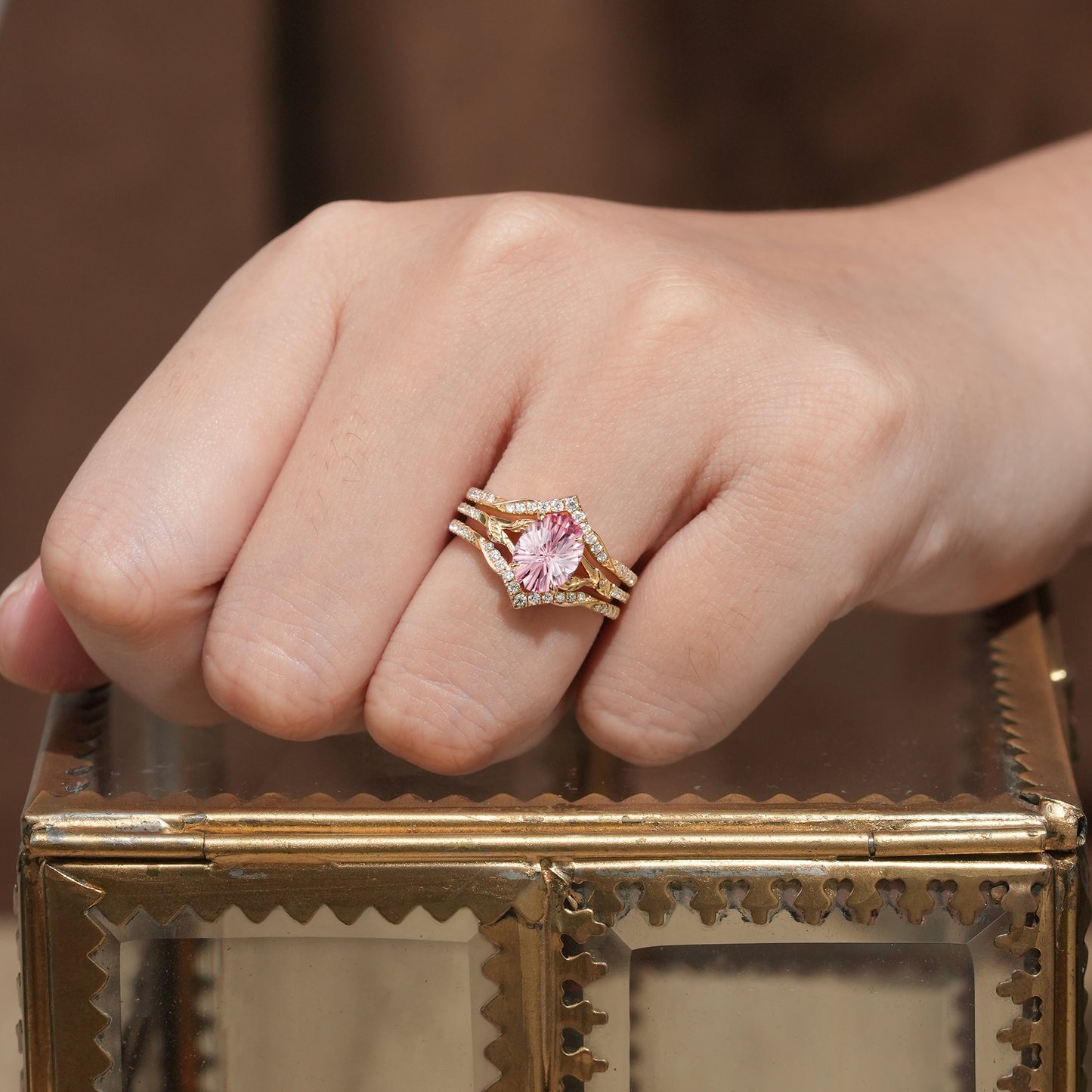 2pcs Starbrite-cut Padparadscha Enhancer Ring Set