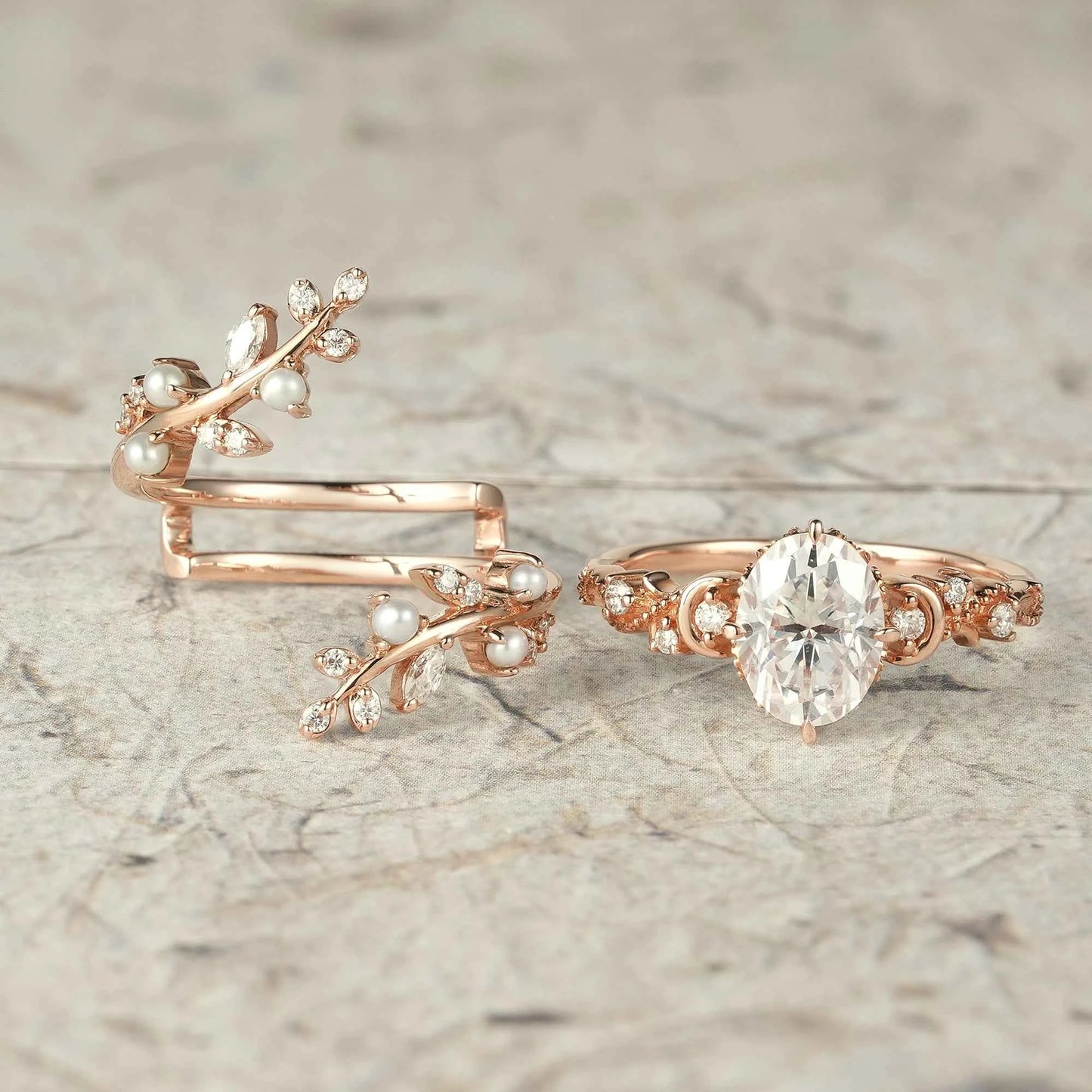 Aphrodite's Enchanted Vine | Moon Design Moissanite Ring Set - Hermione