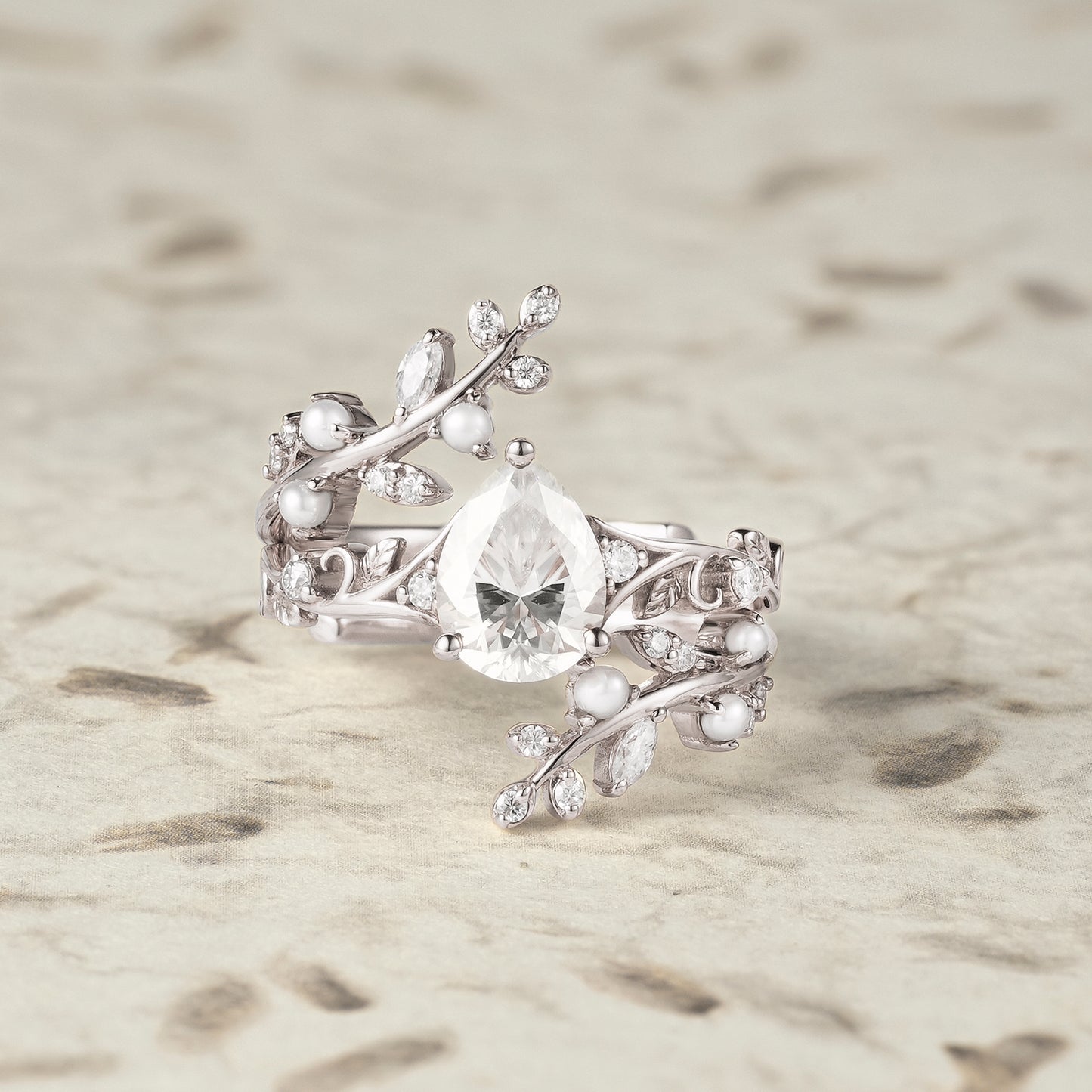 Aphrodite's Enchanted Vine | Moissanite & Pearl Ring Set - Siobhan