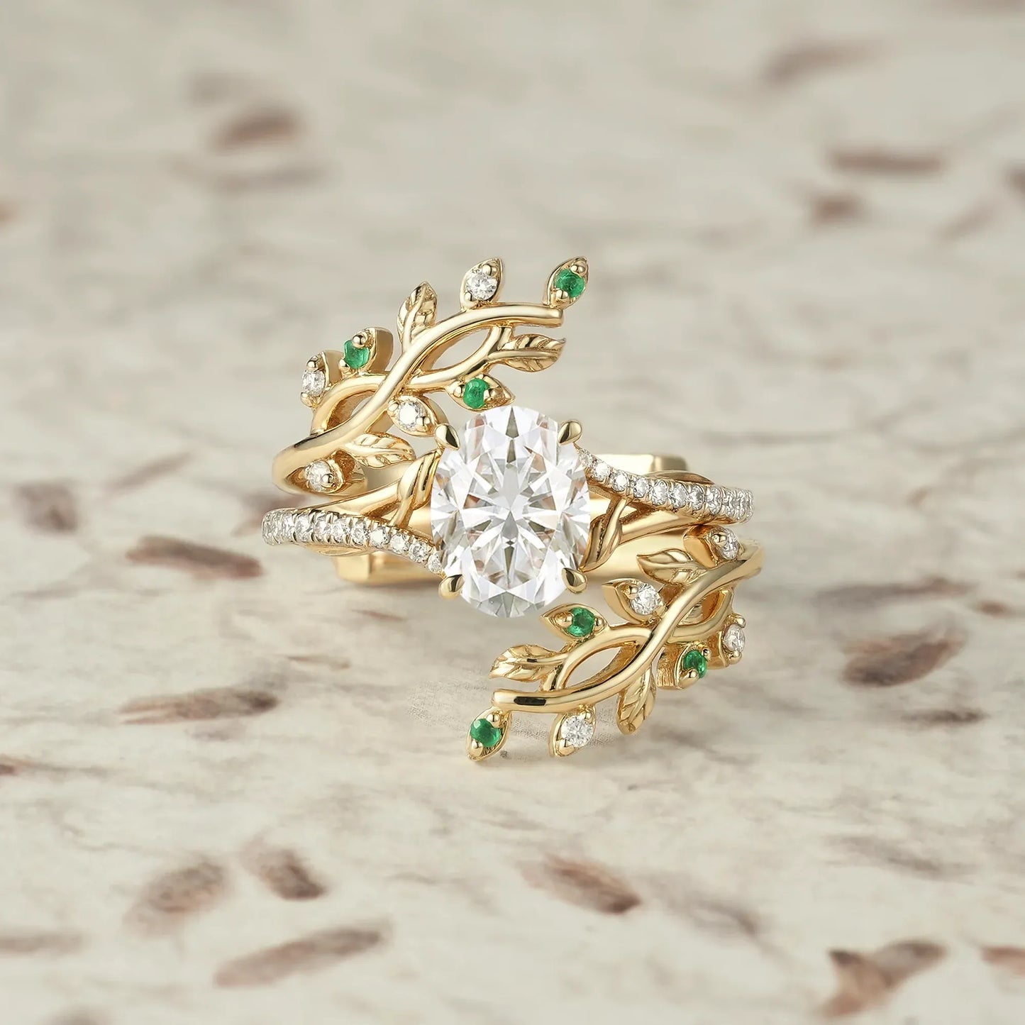 Cross Vine Moissanite and Emerald Ring Set