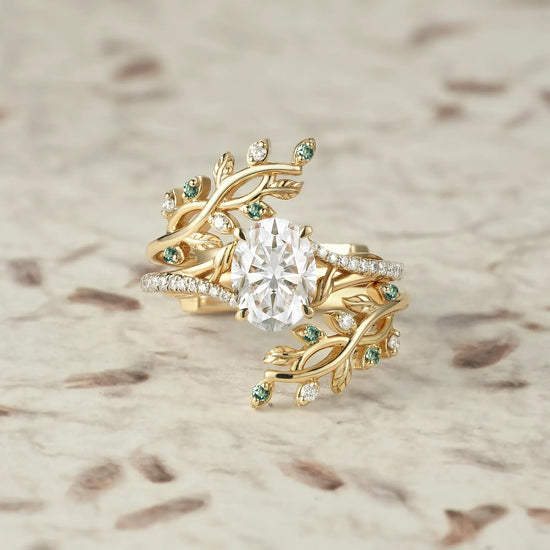 Moissanite and Green Sapphire Ring Set