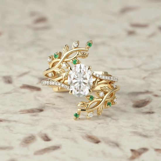 Cross Vine Moissanite and Emerald Ring Set