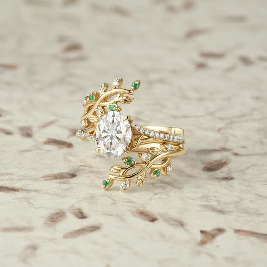 Cross Vine Moissanite and Emerald Ring Set