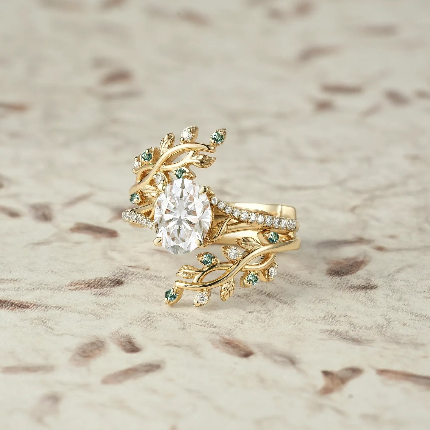 Moissanite and Green Sapphire Ring Set