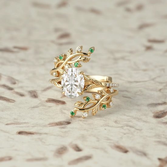 Cross Vine Moissanite and Emerald Ring Set