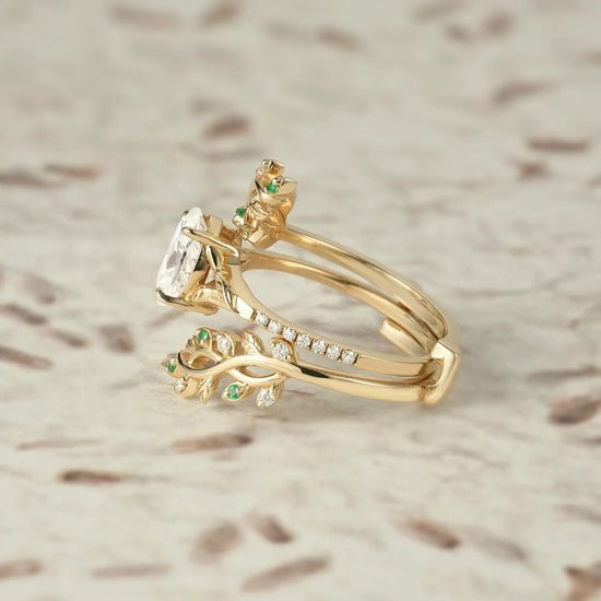 Cross Vine Moissanite and Emerald Ring Set